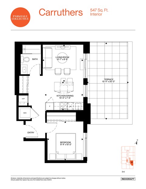 Floor plan for 1 bed, 1 bath, 547 sqft